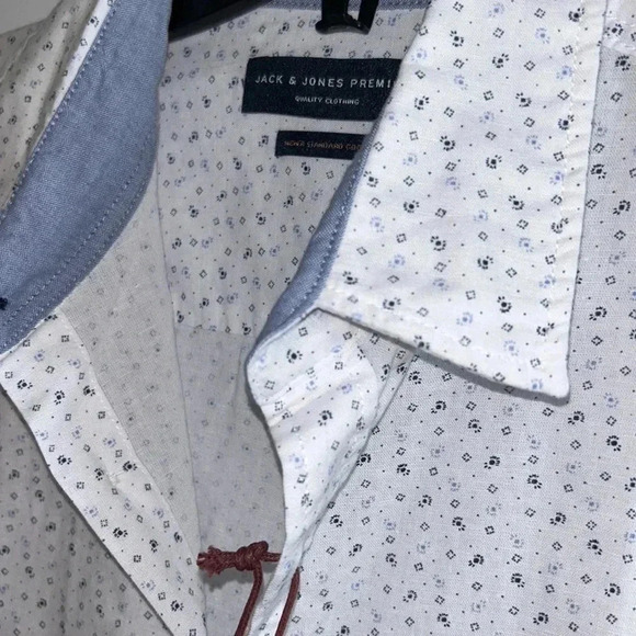 JACK&JONES L linen cotton blend short sleeve  white print button down shirt - Picture 10 of 16